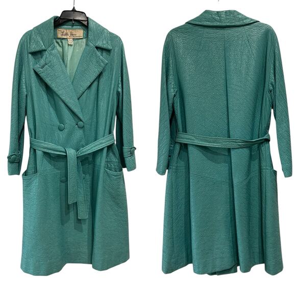 Vintage 1960s Lilli Ann Faux Leather Turquoise Coat Belted Mod Jacket | XL - - Picture 3 of 5
